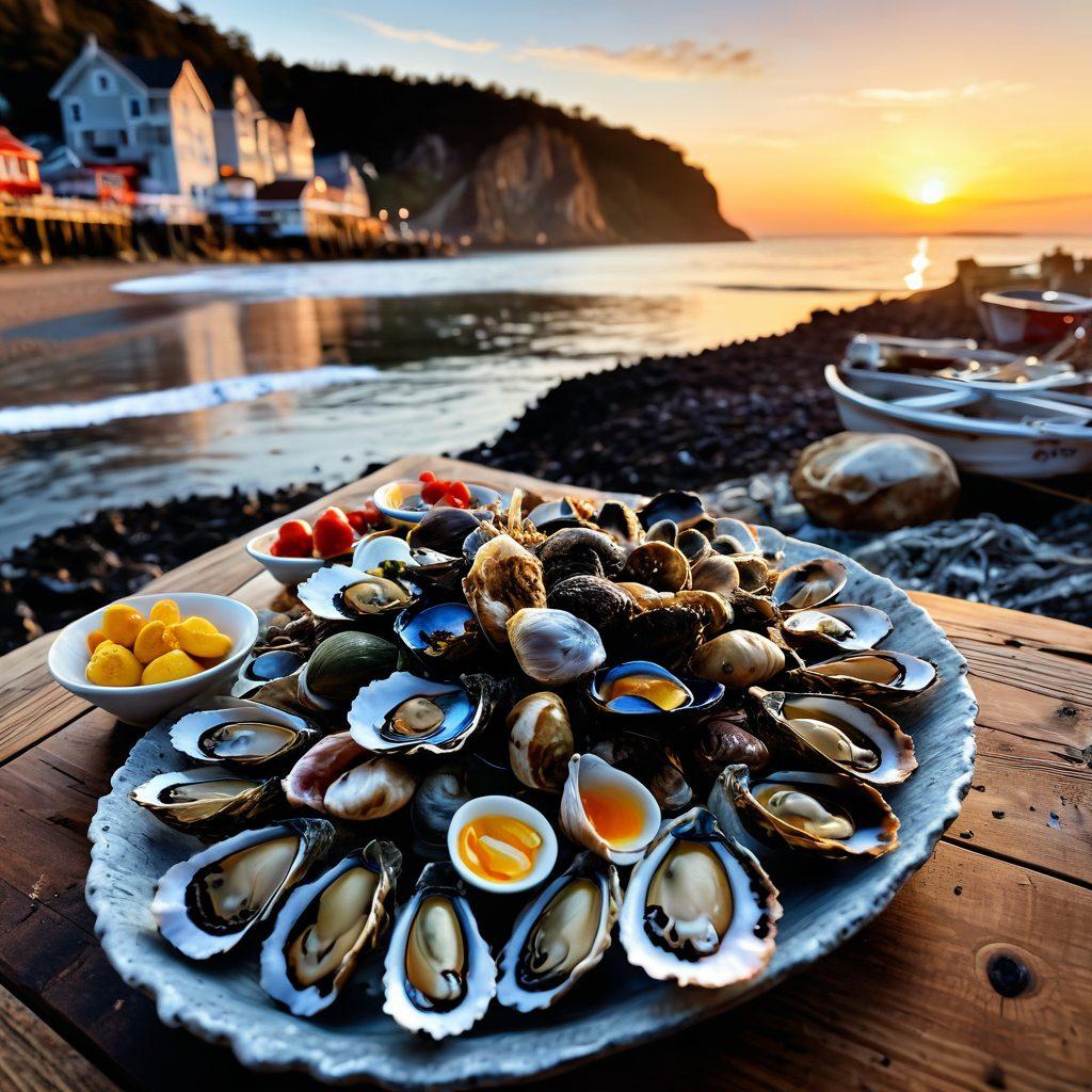 A picturesque view of Oyster Bay at sunset, featuring a diverse selection of shellfish like oysters and clams displayed on a rustic wooden table. In the background, coastal cliffs and shimmering water reflect the warm colors of the sky, while local fishermen can be seen pulling in their nets. Add elements of marine life, like crabs and seagulls, to enhance the coastal atmosphere. super-realistic. vibrant colors. warm tones.