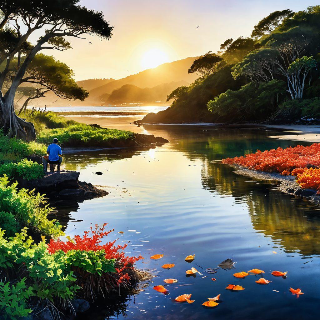 A vibrant coastal landscape showcasing diverse ecosystems, featuring a tidal pool teeming with colorful shellfish, coral reefs, and sea grass. Include a local fisherman skillfully demonstrating traditional shellfish harvesting techniques, surrounded by lush mangroves and seabirds in flight. Golden sunlight reflects off the water, creating a warm and inviting atmosphere. super-realistic. vibrant colors. watercolor style.