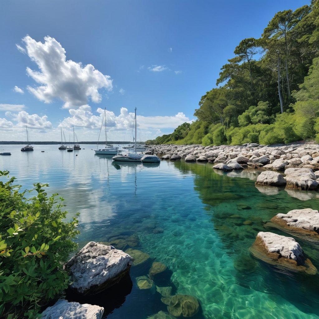 A scenic view of Oyster Harbor showcasing its stunning marine bays and estuaries, with crystal-clear turquoise waters reflecting the vibrant blue sky. Lush greenery surrounds the shoreline, dotted with seashells and rocks, while playful marine life peeks through the water's surface. In the distance, sailboats glide gently across the harbor, adding a touch of adventure to the tranquil scene. Capture the essence of nature's beauty in a harmonious blend of colors. super-realistic. vibrant colors. serene atmosphere.